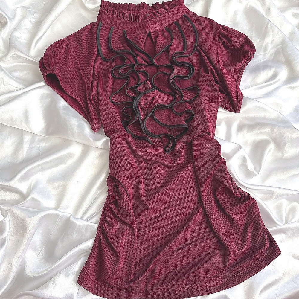 Heartsoul Burgundy Ruffle Front Blouse Short Sleeve Textured Top XL